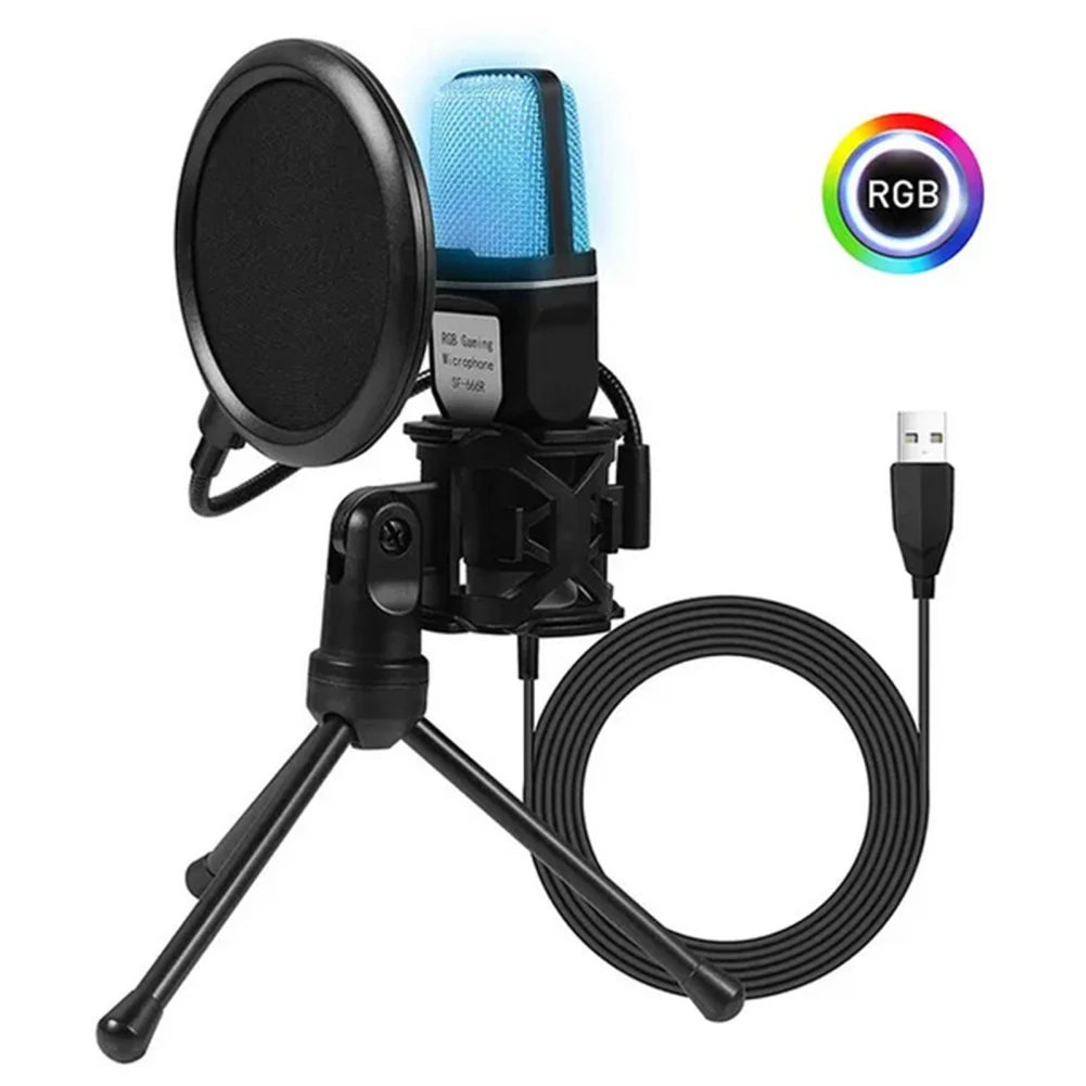 SF666R USB Wired Microphone Noise Reduction RGB Condensador Mic for Interview Vlogging Video Recording Podcast Mic with Stand